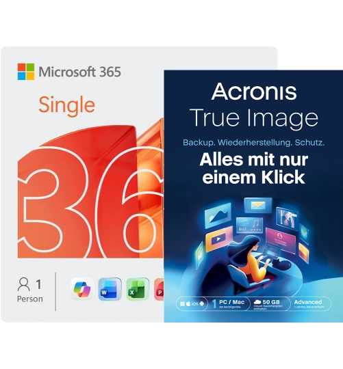 Microsoft 365 Single + Acronis True Image Advanced | 50 GB Cloud |1 PC | 1 Jahr