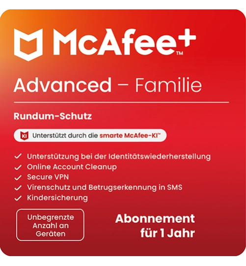 McAfee+ Advanced Family | Unbegrenzte Geräte | 1 Jahr
