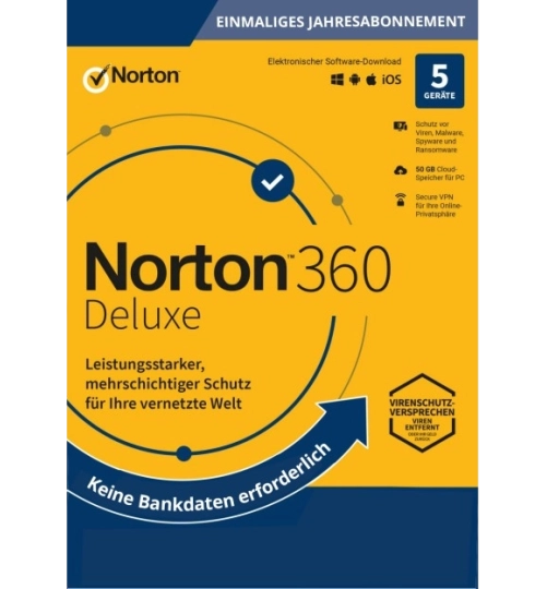 Norton 360 Deluxe | 5 Geräte | Einmaliges Jahresabonnement | 2026 | 50 GB Cloud-Speicher