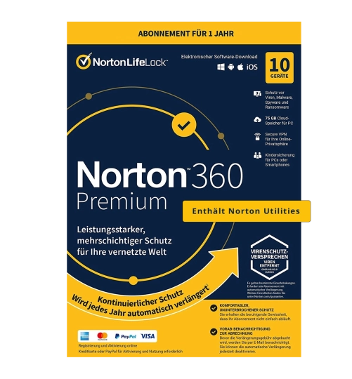 Norton 360 Premium mit Norton Utilities Ultimate | 10 Geräte | 1 Jahr