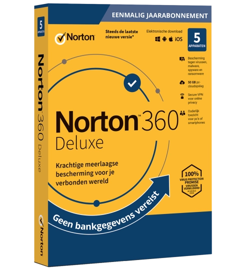 Norton 360 Deluxe | 5 Apparaten | Eenmalig Jaarabonnement | 2026 | 50 GB Cloud Opslag