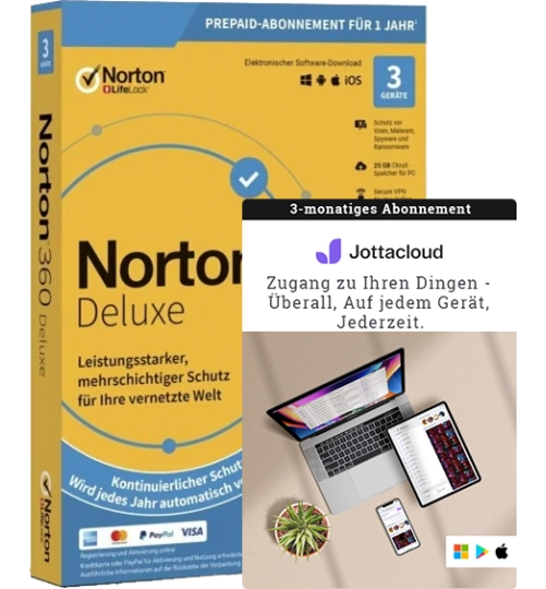 Norton 360 Deluxe | 3 Geräte | 1 Jahr + Jottacloud Personal Unlimited | 3 Monate