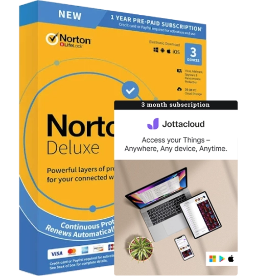 Norton 360 Deluxe | 3 Devices | 1 Year + Jottacloud Personal Unlimited | 3 Months